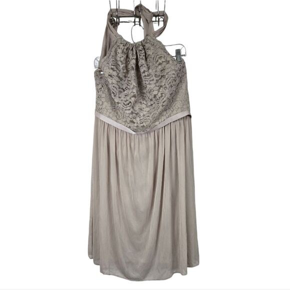 David's Bridal Short Lace Mesh Dress with Halter Neckline Biscotti Beige Size 16 - Picture 3 of 14